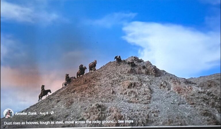 Riders on horseback silhouetted on a ridge at sunset