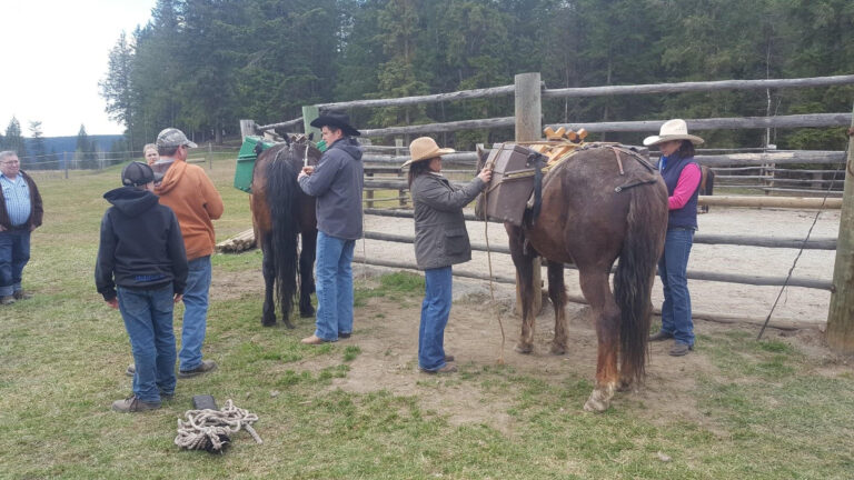 North Cariboo Chapter members at a packing clinic beside a corral