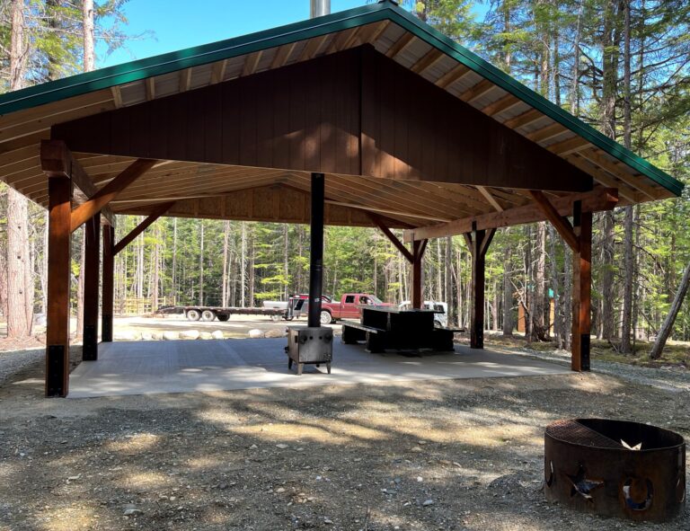 Timber picnic shelter at the MacIntosh Falls equestrian campground