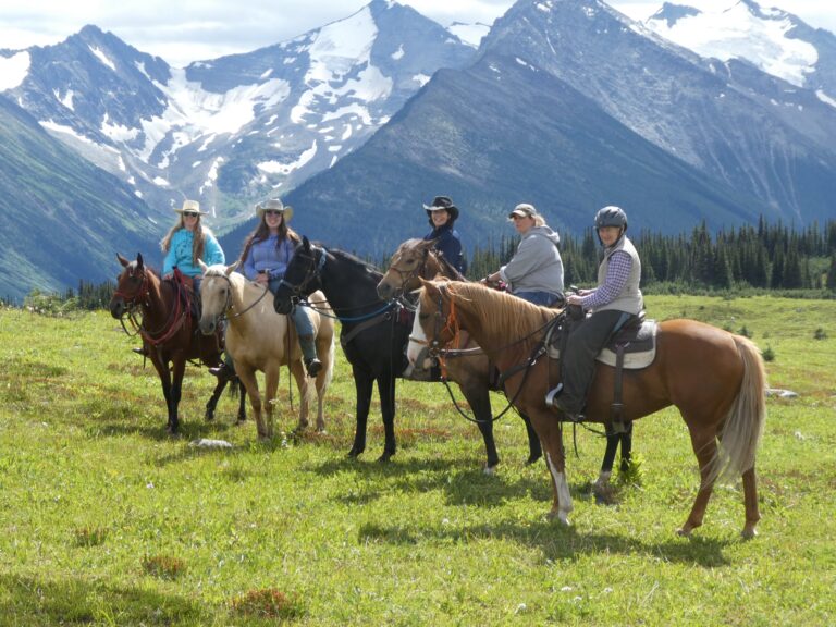 Robson Valley Chapter riders in an alpine meadow below glaciated peaks