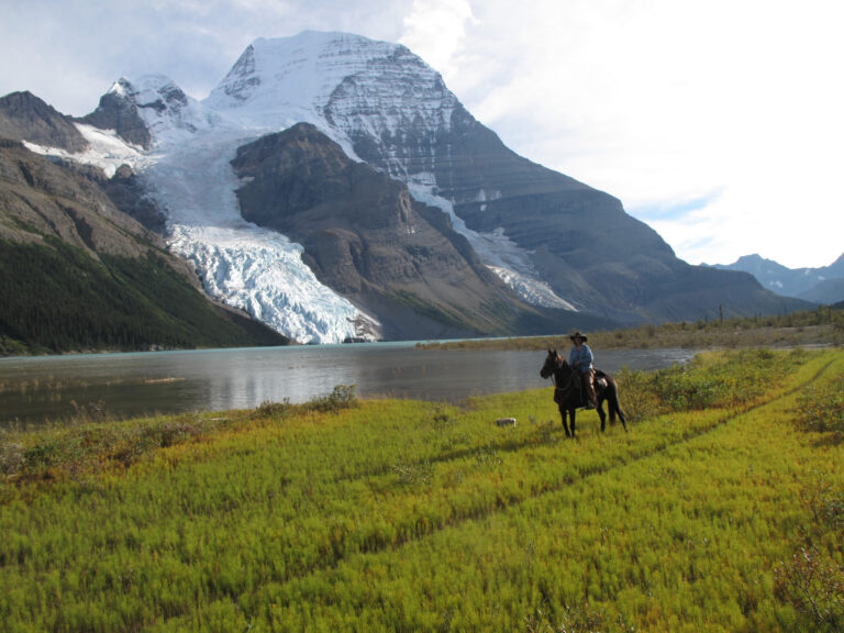 Rider in a meadow below a glacier-covered mountain