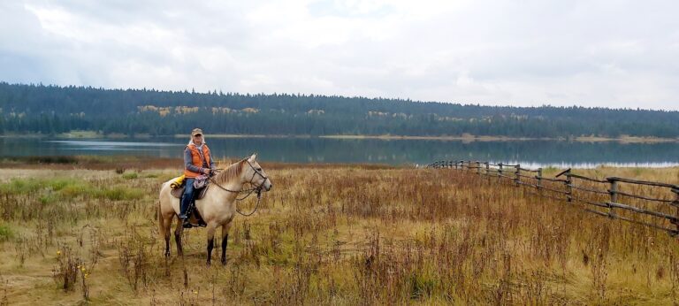 Rider on horseback in dry grassland above a lake in the South Cariboo