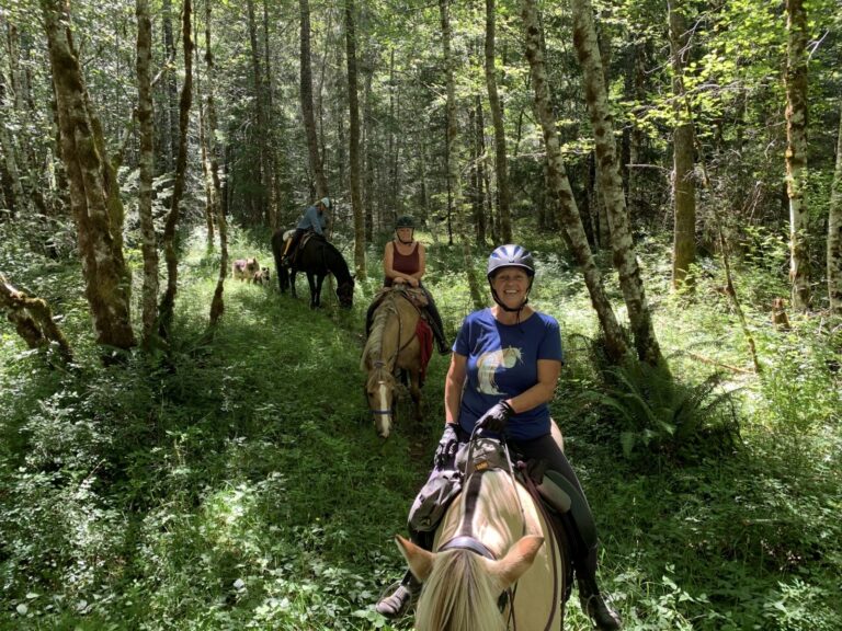 Riders on horseback on a sunlit forest trail on Vancouver Island