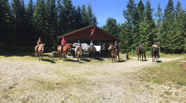 Riders and horses near a picnic shelter at a horse camp