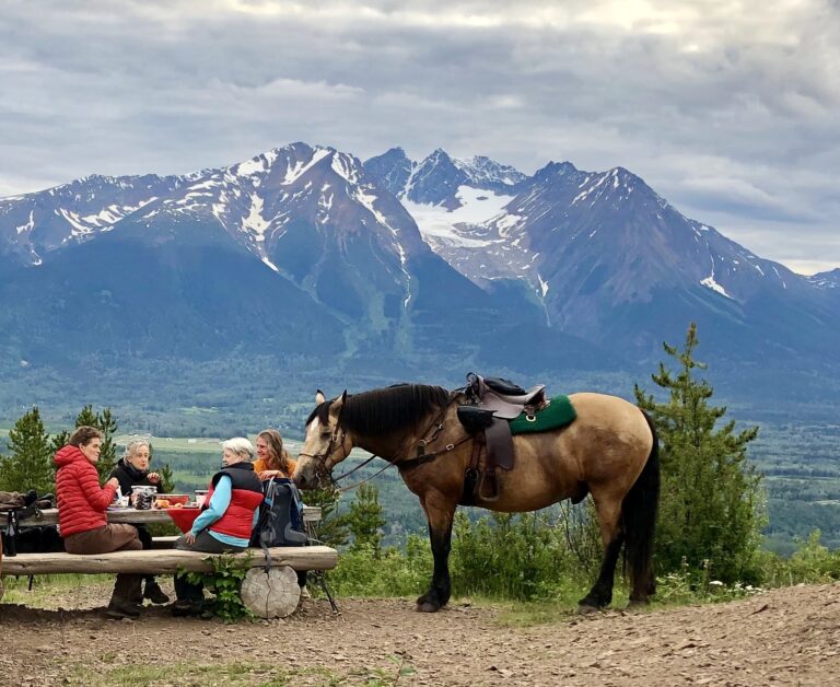 Riders resting with a horse at Malkow Lookout below snow-capped mountains