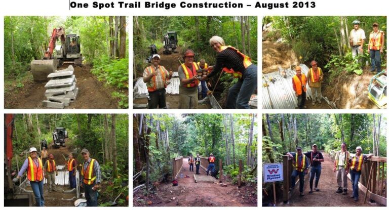 Photo collage of North Vancouver Island Chapter volunteers building a trail bridge