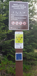 Welcome to Denman Island Provincial Park sign at the Spruce Loop Trail