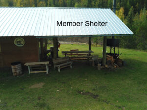 Aerial view of the member shelter with picnic tables at Coalmine Camp