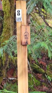 Numbered kilometre marker post on the Log Train Trail